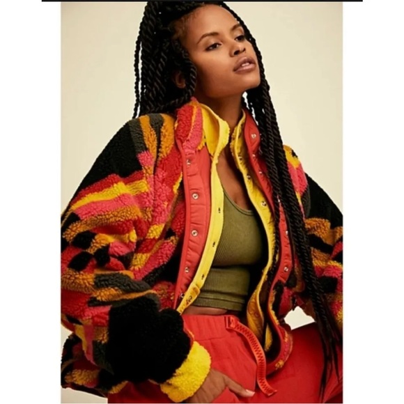 Free People Jackets & Blazers - Free People Hit The Slopes Printed Fleece Jackety Sunset Plaid
